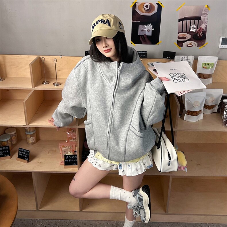 抖音得物高品质秋冬美式高街重磅结构辑明线纹理连帽卫衣外套W111图片