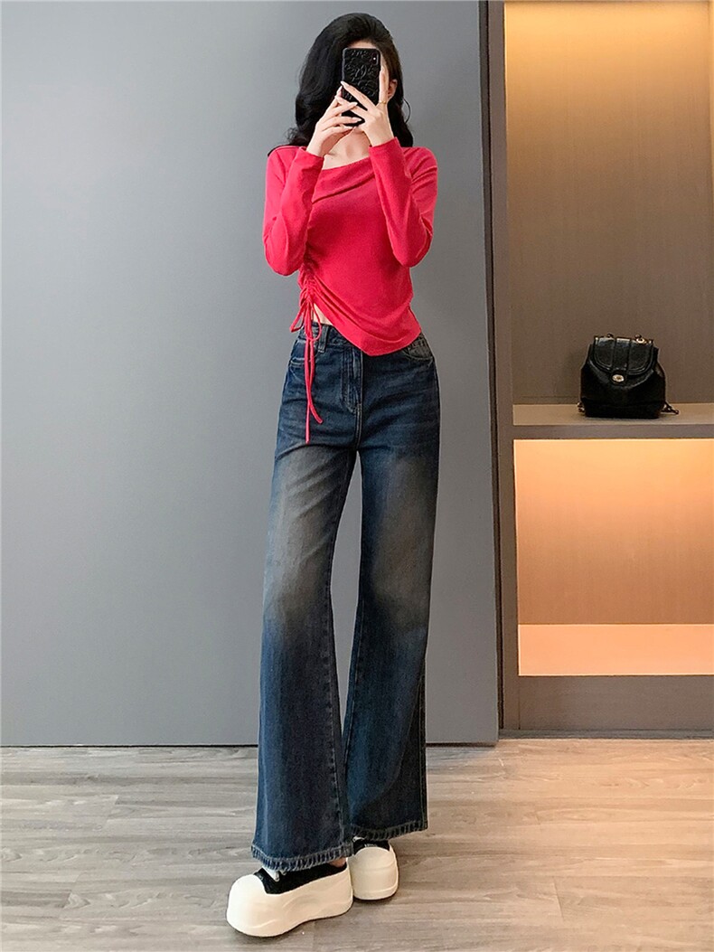 盐系穿搭休闲时尚套装女春款不规则斜肩抽绳长袖上衣牛仔裤两件套,女装套装/套裙,江南