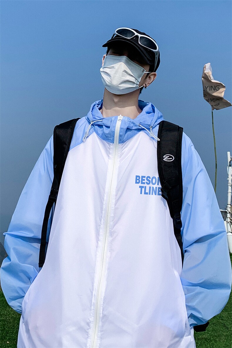 港风夏季新款宽松插肩袖拼色防晒服UPF50+情侣F148P65控88,男装防晒衣,电商A247
