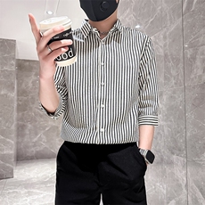 店主风社会小伙男士条纹痞帅七分袖衬衫男修身301A-1/CS422/P55，男装衬衫，星座301A-1