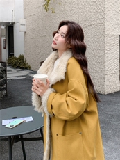 姜黄色羊羔毛拼接派克服女2025冬季新款韩系皮毛一体加绒加厚棉服，女装短外套，2B156