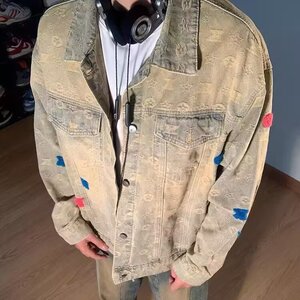 黄泥色牛仔外套男秋季水洗做旧夹克春秋款美式hiphop复古潮牌上衣图片