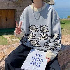 秋冬季圆领长袖针织衫潮牌宽松休闲bf港风情侣毛衣外套M121-P55，男装针织衫/毛衣，星座512-2
