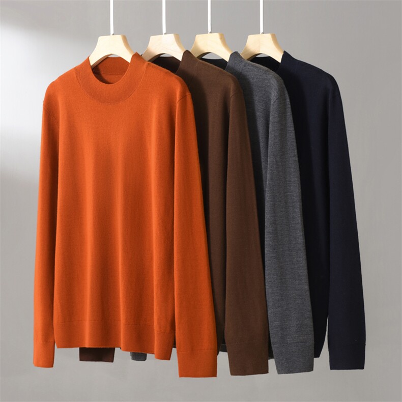 半高领时尚都市直筒型长袖套头纯色简约羊绒衫，男装羊绒套衫，昭美纯山羊绒