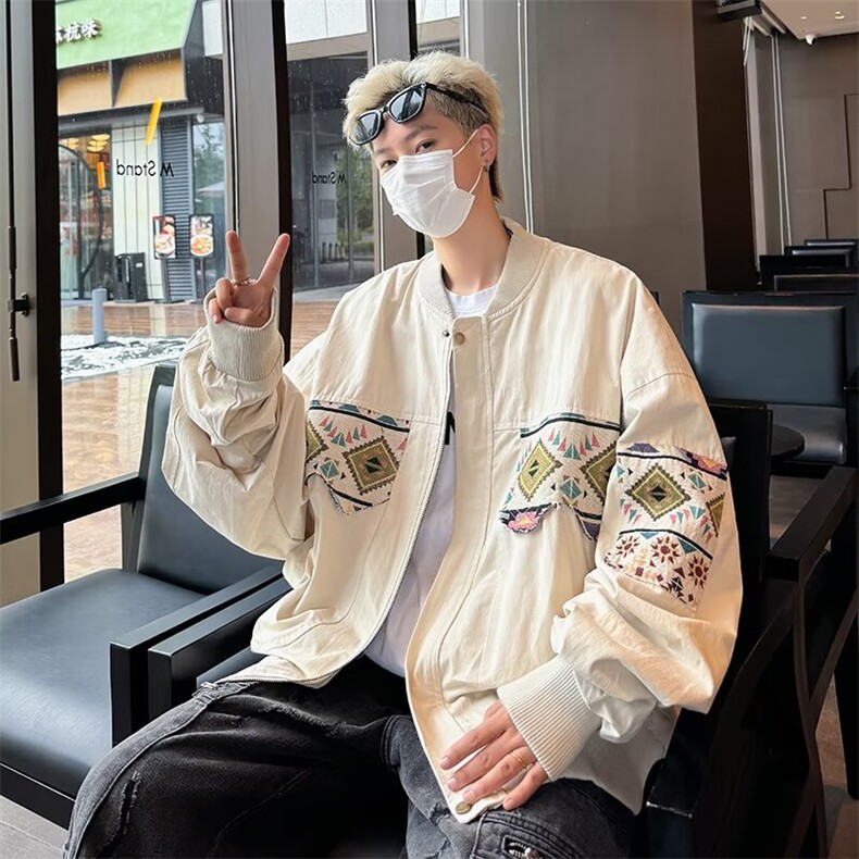 CR9732-P58风复古民族风拼接飞行员夹克外套男情侣潮牌棒球服，男装民族服装，电商C233