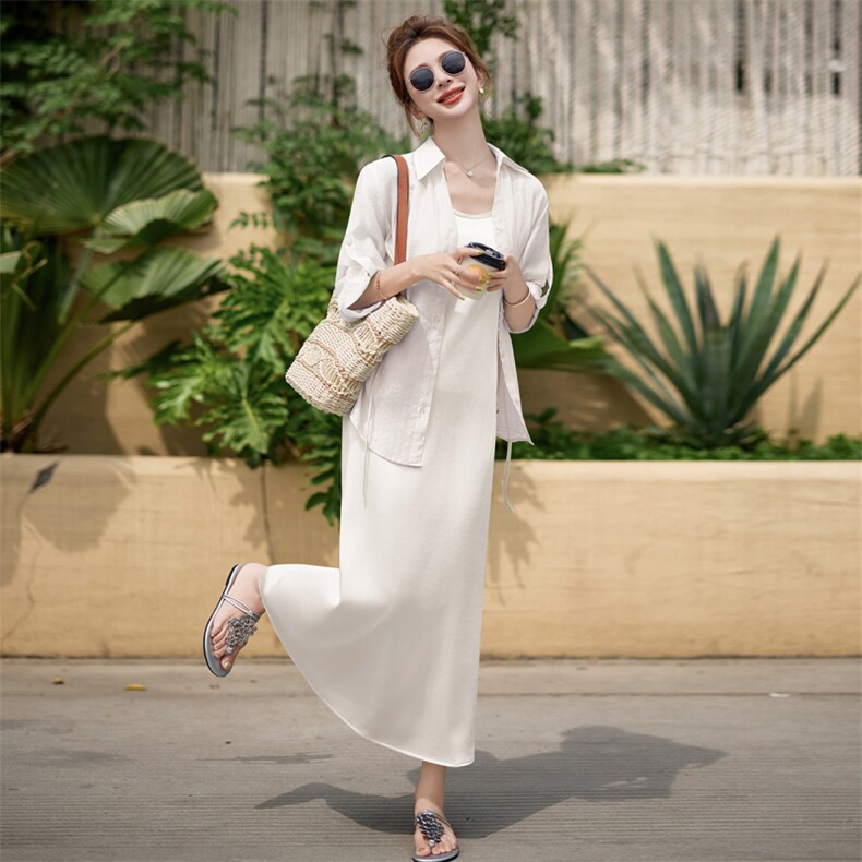 夏日吊带连衣裙套装女2025夏季新款韩系休闲气质薄款防晒衬衫套装,女装套装/套裙,意芙