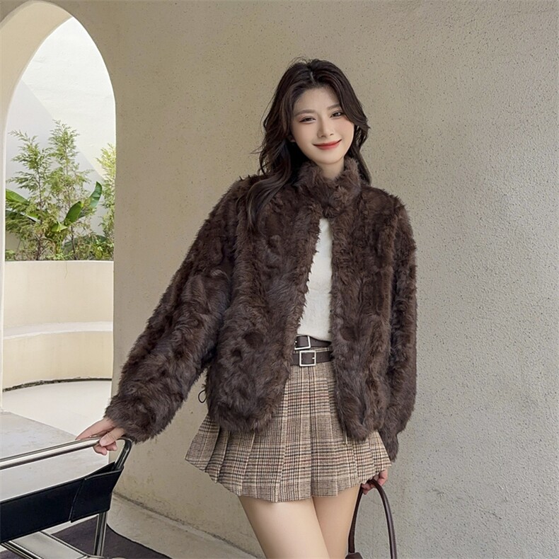 环保皮草小个子短款羊羔毛立领外套女2025秋冬加厚新款皮毛一体,女装短外套,2C229