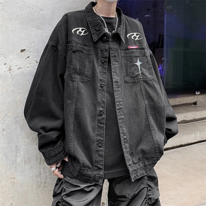 男装牛仔外套2026秋几何图案印花男生翻领夹克XZ514-2-N106-P88,身材高级男生穿衣搭配图片