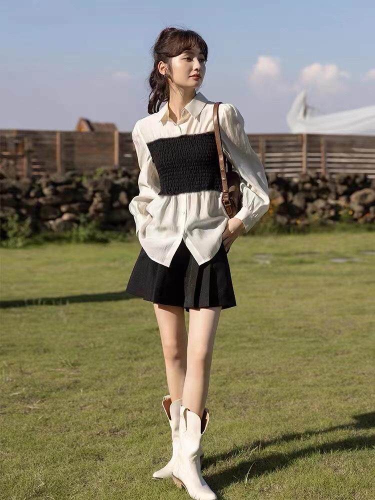 针织拼接衬衫，女装衬衫，阿爆