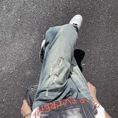 美式高街复古牛仔裤男女水洗做旧破洞阔腿直筒裤子潮牌N8360-P42，男装牛仔裤，星座1008-2