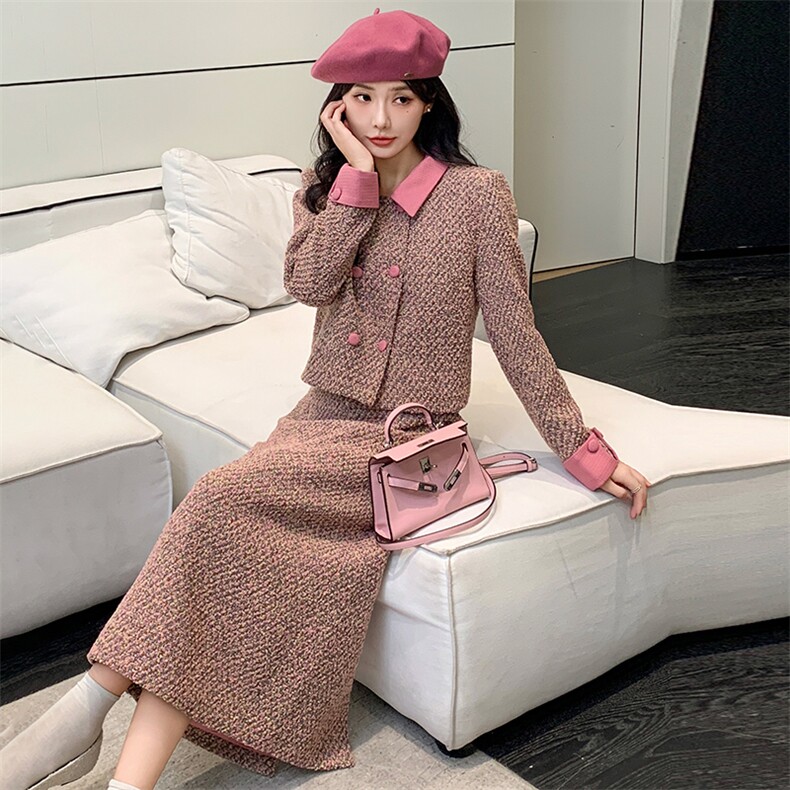 2024年秋冬季法式时尚小香风套装长裙两件套含15毛，女装套装/套裙，心心服饰