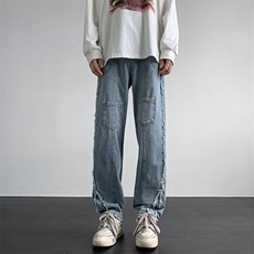 秋冬季潮牌欧美高街vibe裤子黄泥色毛边牛仔裤男款N06082-P50，男装牛仔裤，星座308B-1