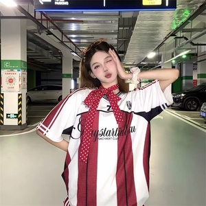 夏季新款运动足球服短袖T恤冰球服情侣装网眼印花撞色拼接t恤潮牌图片