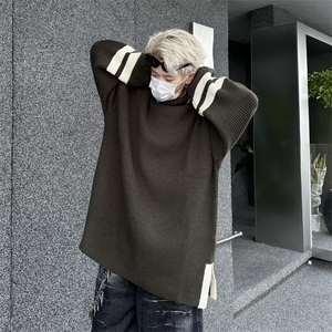 秋冬高领毛衣男套头开衩宽松拼色美式运动学生潮牌针织衫M7064图片