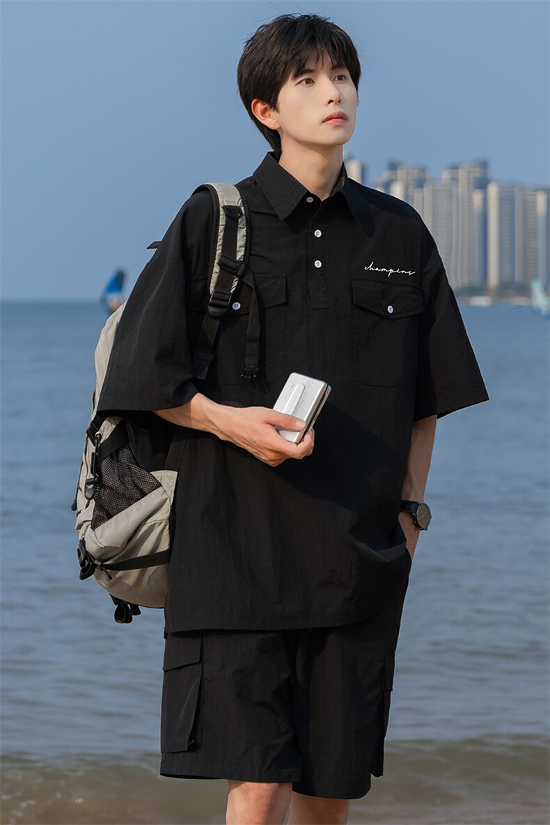 港风24夏款工装大口袋字母小印花翻领套装TPTZ1401P60控99,男装休闲套装,电商A268A