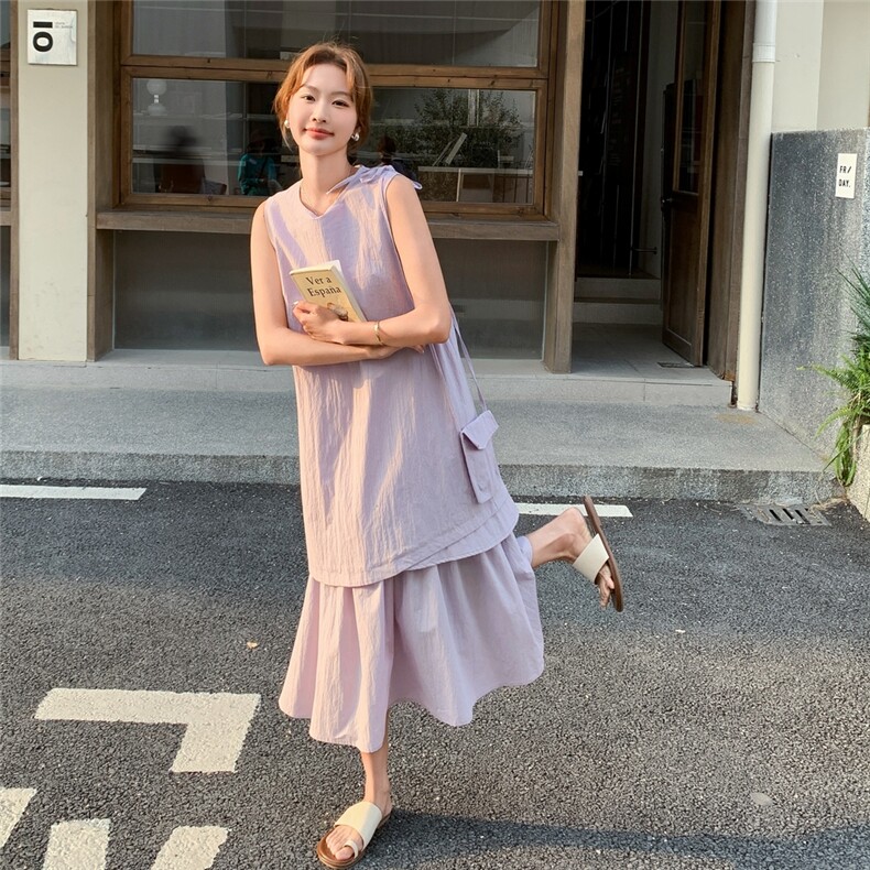 紫色假两件拼接无袖连衣裙女2025年夏季新款慵懒风减龄显瘦背心裙,女装连衣裙,2C213