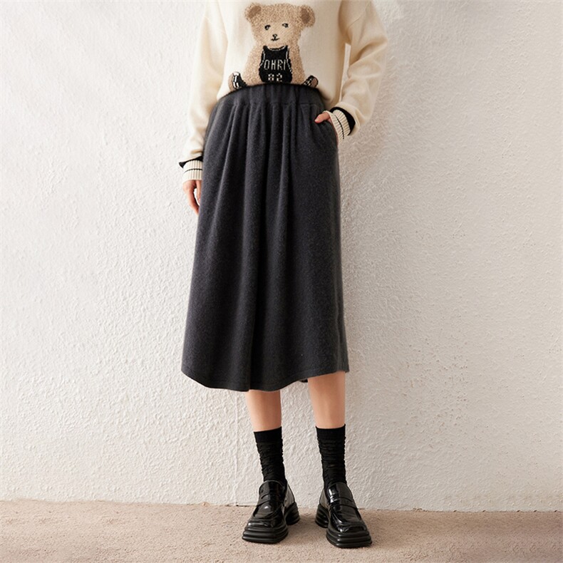 时尚百搭羊毛半身裙女秋冬新款中长款高腰显瘦A字裙，女装半身裙，澳冬特羊绒