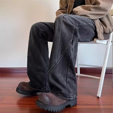 美式高街复古拼接牛仔裤男cleanfit直筒微喇叭潮牌vibe设计感裤子，男装牛仔裤，星座813-2