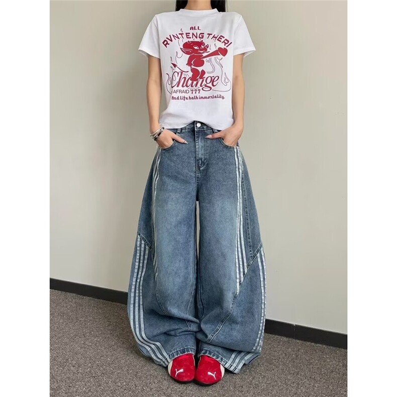 水洗解构弯刀牛仔裤女高街条纹拼接宽松显瘦休闲阔腿裤子NZY601,男装牛仔裤,星座516A