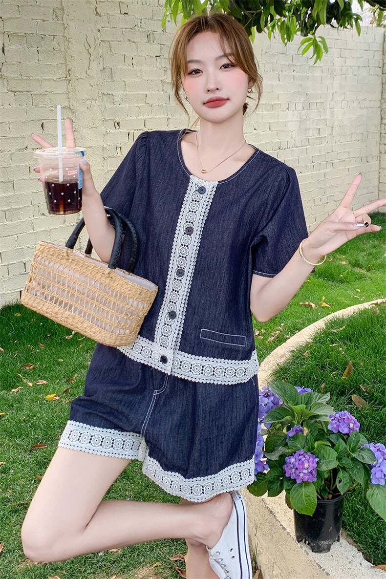 蕾丝拼接牛仔上衣短裤套装女夏2025新款小个子两件套爆款洋气显瘦,女装套装/套裙,浪娴服饰