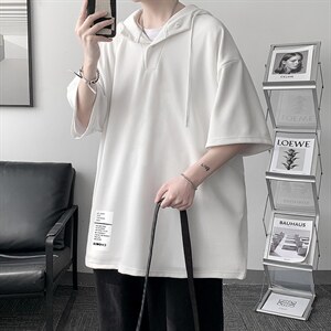 LD54045-P45 连帽短袖t恤男大码胖子带帽五分袖中袖 大皂风图片