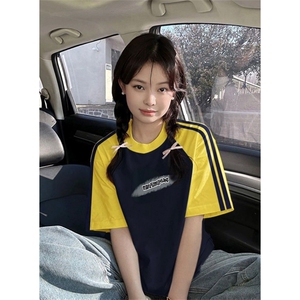 夏季美式高街重磅纯棉三条杠织带插肩撞色男女短袖T恤CZ171-特P25图片