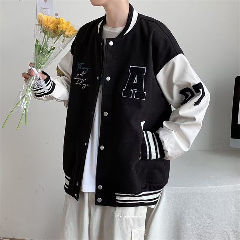 vibe美式棒球服男春秋黑白拼接飞行员夹克毛呢布皮袖BJ309P65,男装夹克,星座1116-2