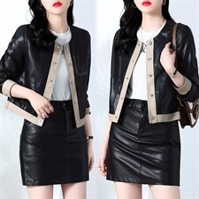 现货主推2022年秋季新款修身显瘦显高拼接皮衣外套女，女装皮衣，江南女神