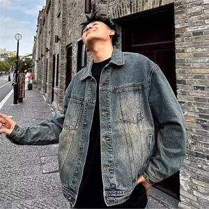 蓝色休闲牛仔外套男春秋美式街头水洗做旧宽松大码翻领夹克上衣图片