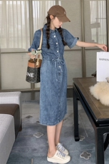 【现货】2025夏新中长款牛仔衬衫领连衣裙2C037088P，女装连衣裙，2C037