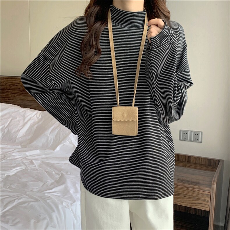 MN1030-P48长袖T恤女ins半高领宽松条纹加厚上衣秋冬,针织衫/毛衣,星座617A-2