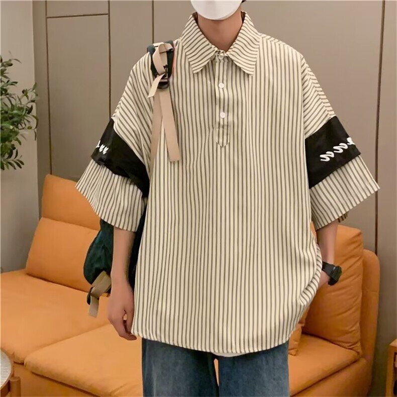2025夏新款文艺ins简约时尚宽松翻领短袖衬衫CC752P35,男装T恤,星座1108