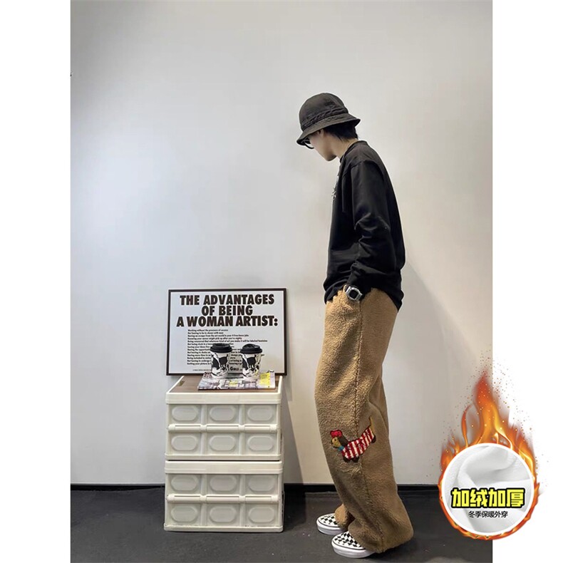 冬季美式刺绣羊羔毛棉裤男女情侣加绒加厚保暖宽松休闲阔腿长裤子，男装棉衣，电商A486