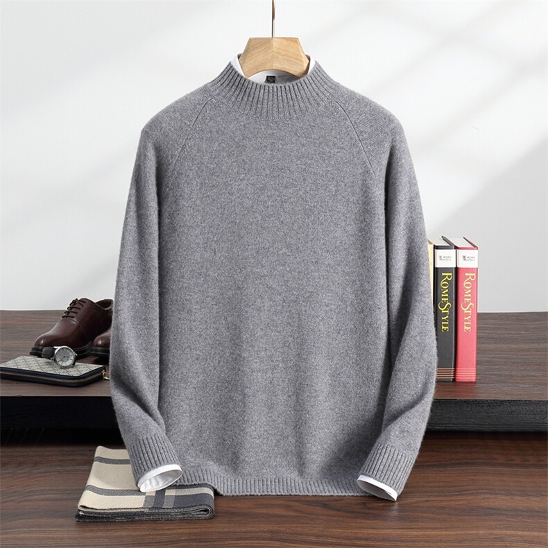 秋冬季35%羊绒休闲商务简约百搭七针插肩半高羊绒衫男装，男装羊绒套衫，纳丰羊绒