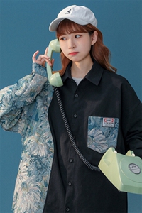 1中性风花型拼接长袖衬衫女大码情侣潮长袖衬衫男CS7714P60控88图片