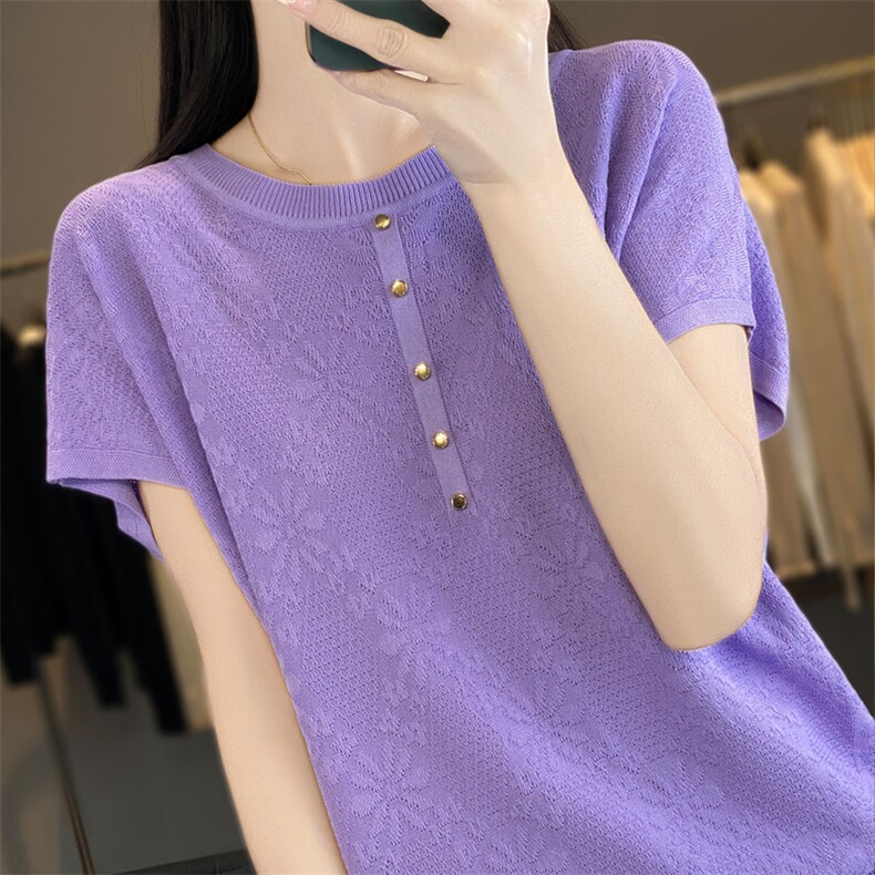 2025夏季新款圆领提花纽扣短袖宽松百搭气质显瘦上衣T恤女，女装T恤，宛庄羊绒