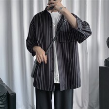 C2037/P35夏季条纹工装短袖衬衣男士宽松衬衫五分袖潮大码上衣男，男装衬衫，电商A141