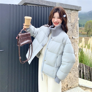 超好看蓝色针织拼接立领短款羽绒服女2025冬韩系甜美90白鸭绒外套图片