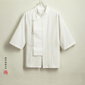 春夏新款风男装棉麻男士立领短袖衬衫X03P75图片