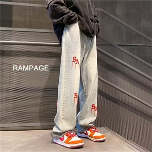 刺绣牛仔裤男夏季薄款设计感阔腿直筒裤子潮牌AA031-P45图片