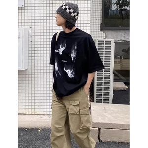 夏季新款复古街头纯棉印花短袖t恤男女休闲宽松半袖体恤 T70108图片