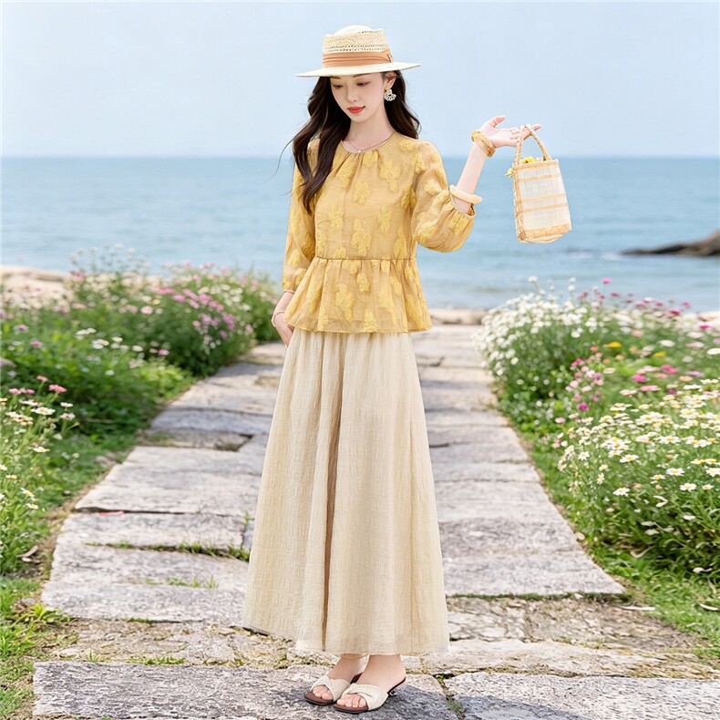 夏新款圆领绣花宽松小衫裙裤优雅气质套装女,女装套装/套裙,水衣源