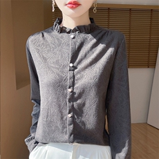 春季新款时尚潮流镂空针织提花长袖，女装衬衫，羊特美羊绒