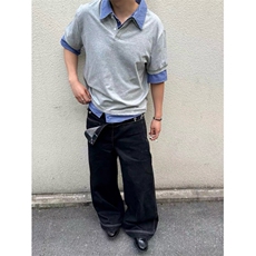 得物抖音高品质二开夏季美式潮牌高街假两件格子衬衣翻领短袖T恤，男装T恤，电商A486