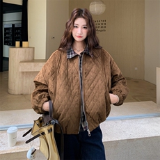 格纹拼接假两件菱格棉服外套女2025冬季新款美拉德复古宽松夹克潮，女装棉衣/棉服，浙宝217