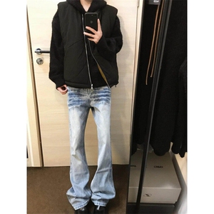 美式高街vibe裤子男款春秋水洗蓝加绒牛仔裤cleanfit弯刀直筒长裤,复古西装裤搭配图片图片