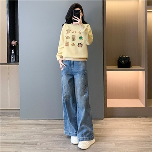 休闲时尚套装女春季新款洋气减龄圆领印花长袖卫衣牛仔长裤两件套图片
