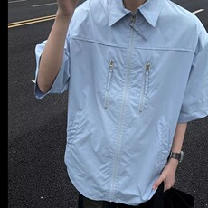 高品质夏款男短袖衬衫工装拉链有垫肩宽松五分袖衬衣CS058P40，男装衬衫，星座1013-1