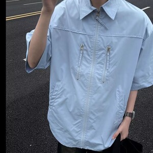 高品质夏款男短袖衬衫工装拉链有垫肩宽松五分袖衬衣CS058 P40图片