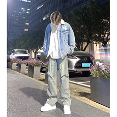 自家图，黄泥牛仔裤男微喇叭设计感绑带水洗做旧裤子-KZA44-P63，男装牛仔裤，星座1007（原301D）